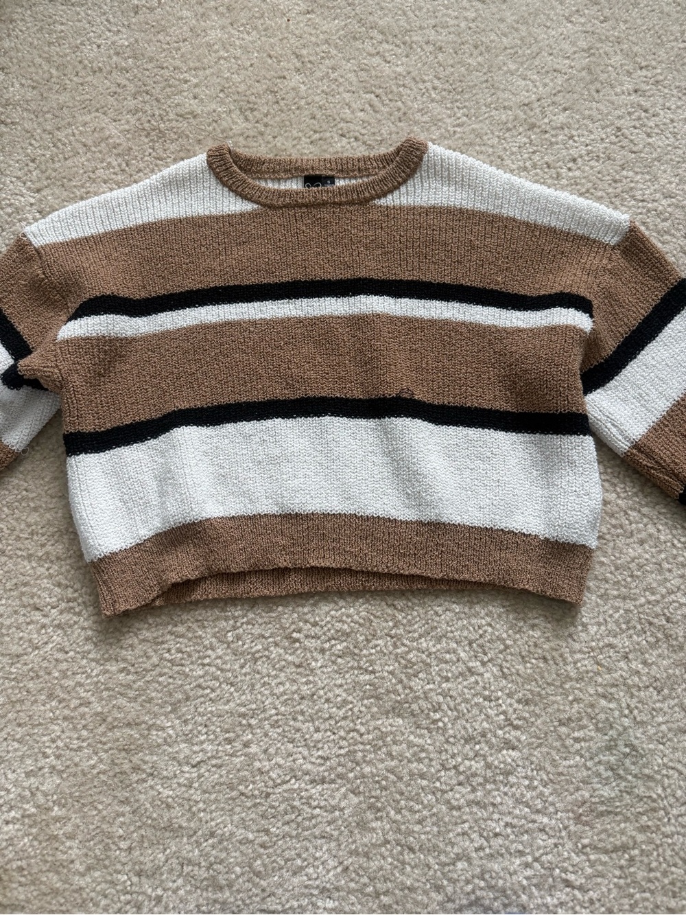 Windsor Cropped Striped Crew Sweater in Brown, White & Black